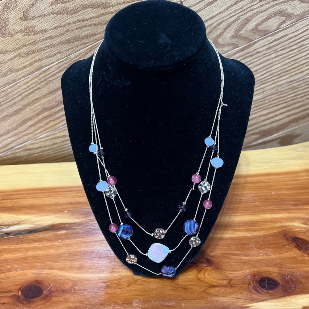 Multicolored 3 Strand Beaded Iridescent Necklace Layered‎ Silver Tone
